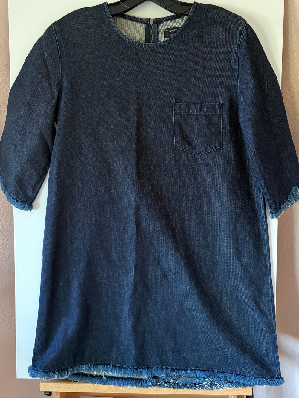 The Fifth Label Denim Frayed Fringe Hem Shift Mini Dress Dark Blue Wash S